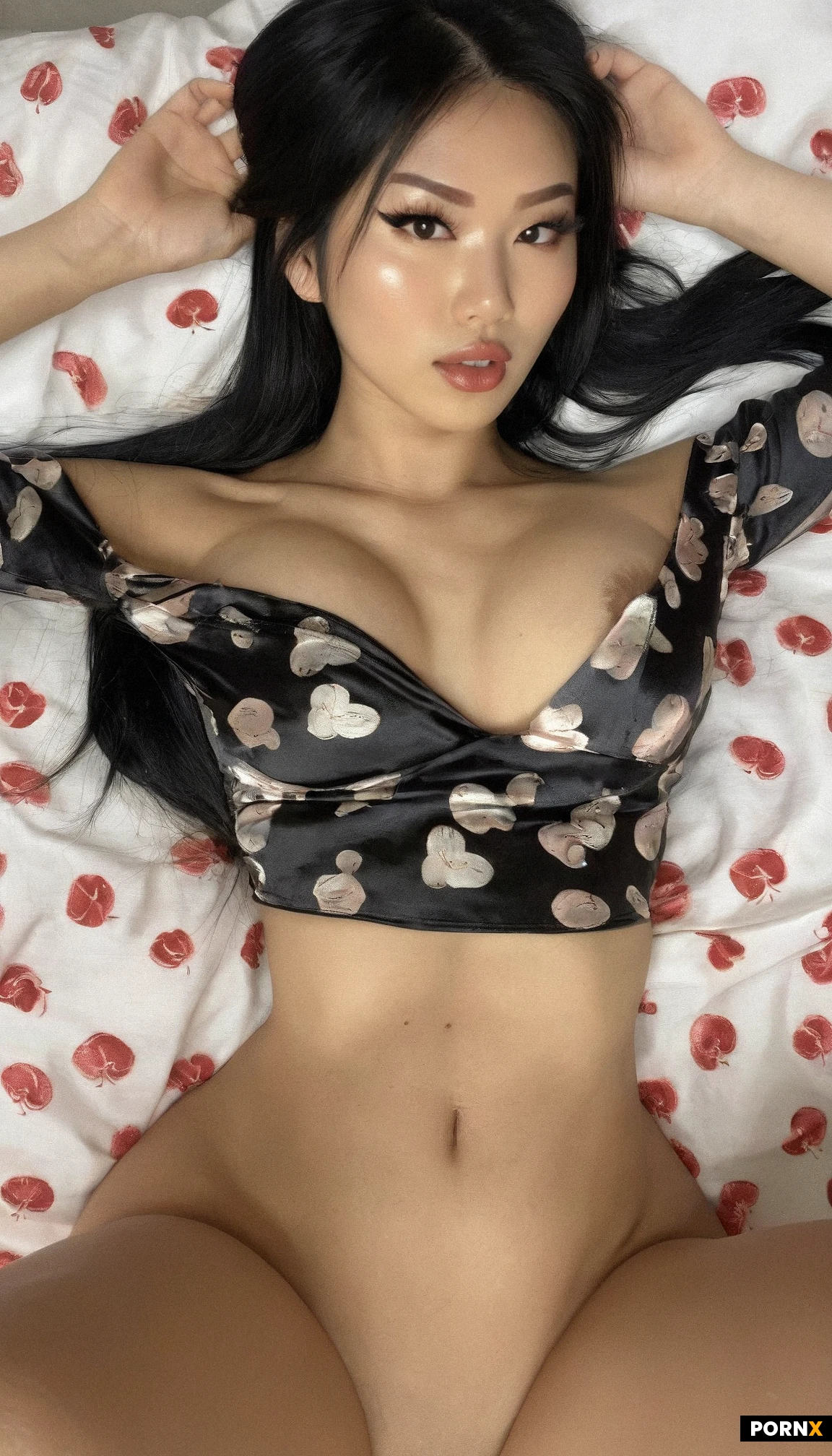 focus on her satin top,slutty girlfriend,cute model,cute babe face, dark slinned asian,tease pose,black hair,cleavage,underboob,looking at you,print shirt, slightly tanned skin,laying her back on the bed ,seductive,provocative look,horny slutty fucking look