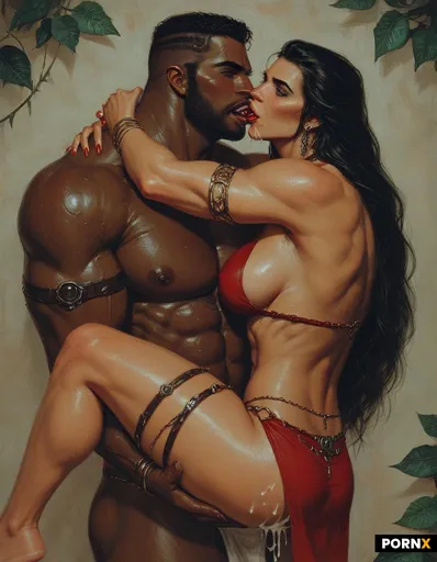 Muscular African man wearing red leather loincloth decorated with seashells
