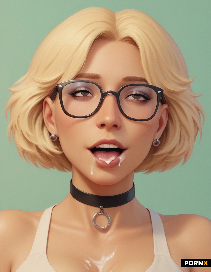 A cute 20-year-old busty latina nerd with glasses wears a choker