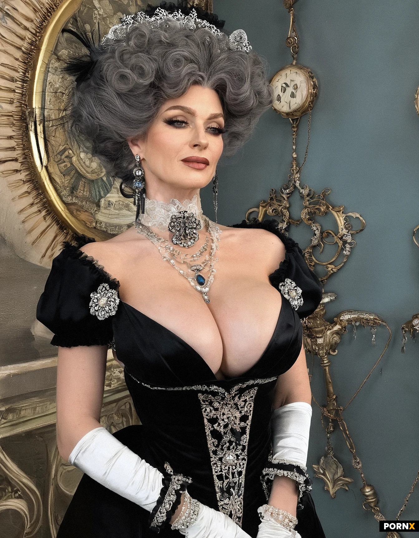 Mature lady, victorian aristocracy, very busty, old face, big hair, wearing much jewellery, big bracelets, curly hair, wearing victorian dress with deep cleavage,