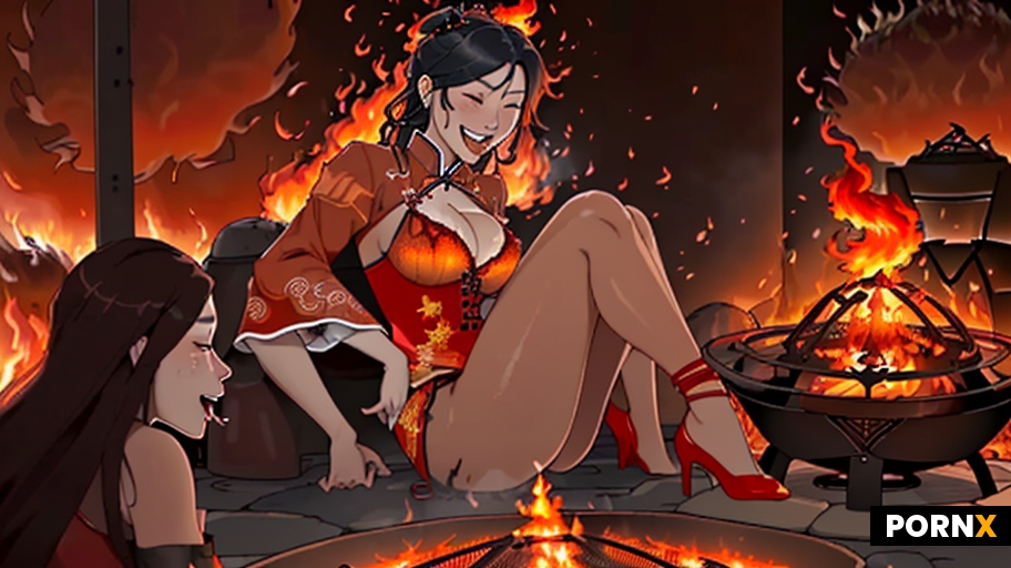 Korean woman with closed eyes in orgasm held by a Chinese woman over a huge raging firepit with tall