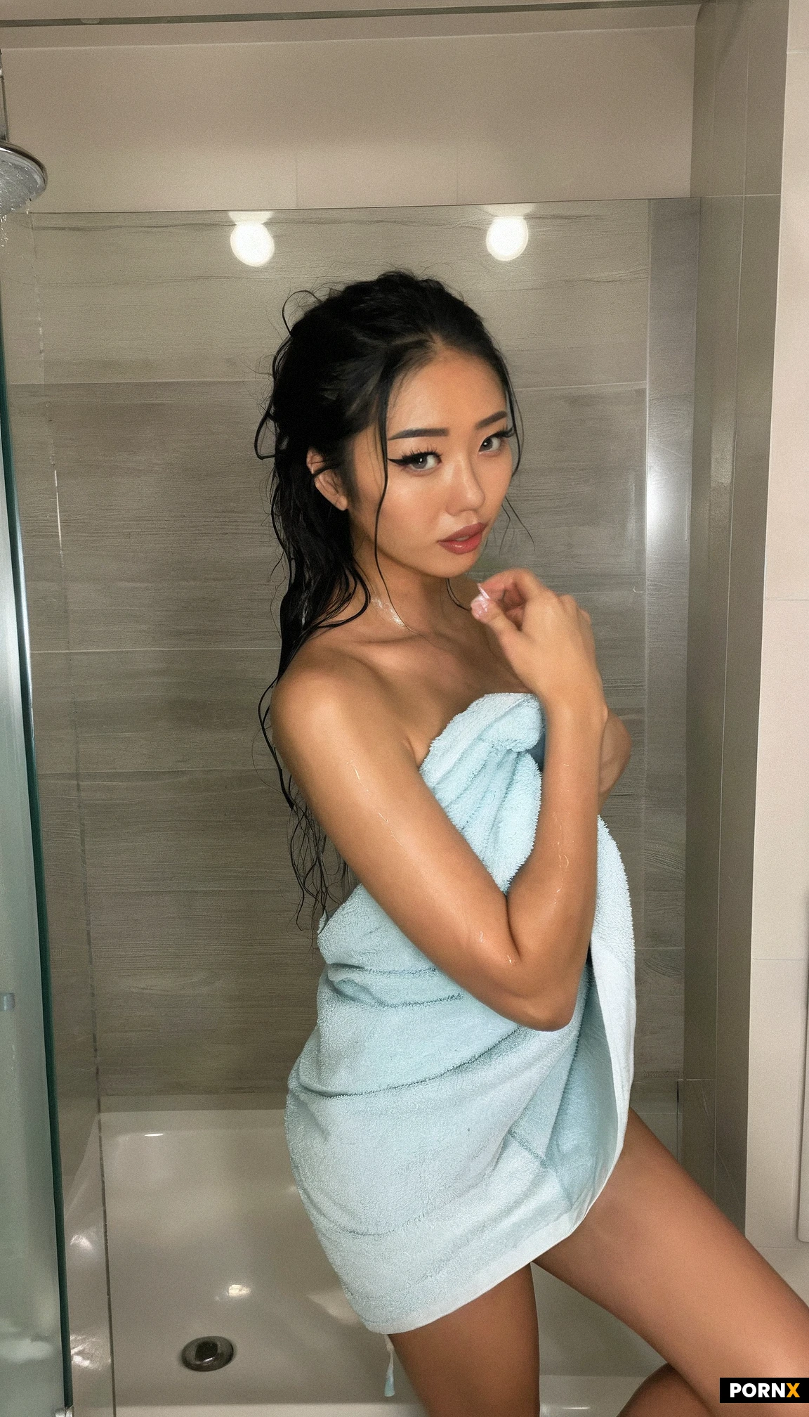 wrap in a towel, bathroom,slutty girlfriend,cute model,cute babe face, dark slinned asian,tease pose, wet black hair,