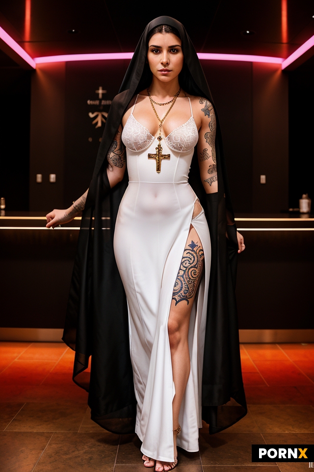 Full body view of a beautiful tattooed nun age 19 with a modern twist