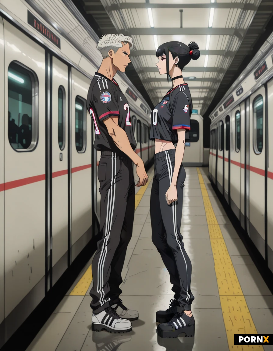 30 year old caucasion male, textured crop hairstyle, skinny body with no muscle definition, wearing FC Union Berlin football Jersey, black jeans, and black adidas trainers, standing on a platform inside underground train station in Berlin, Germany, side view, extremely well detailed