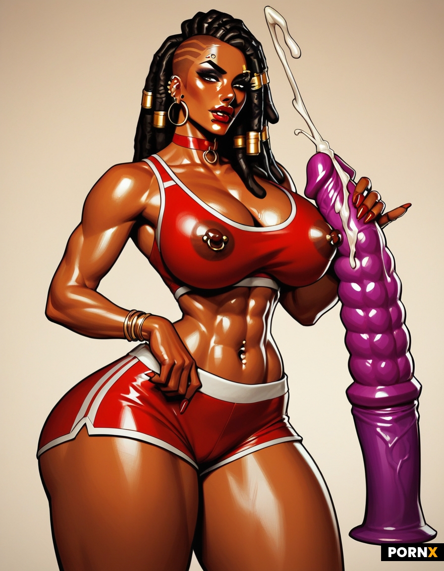 Dildo factory Ebony dreadlocks glossy red lipstick huge tits pierced nipples very small latex sports