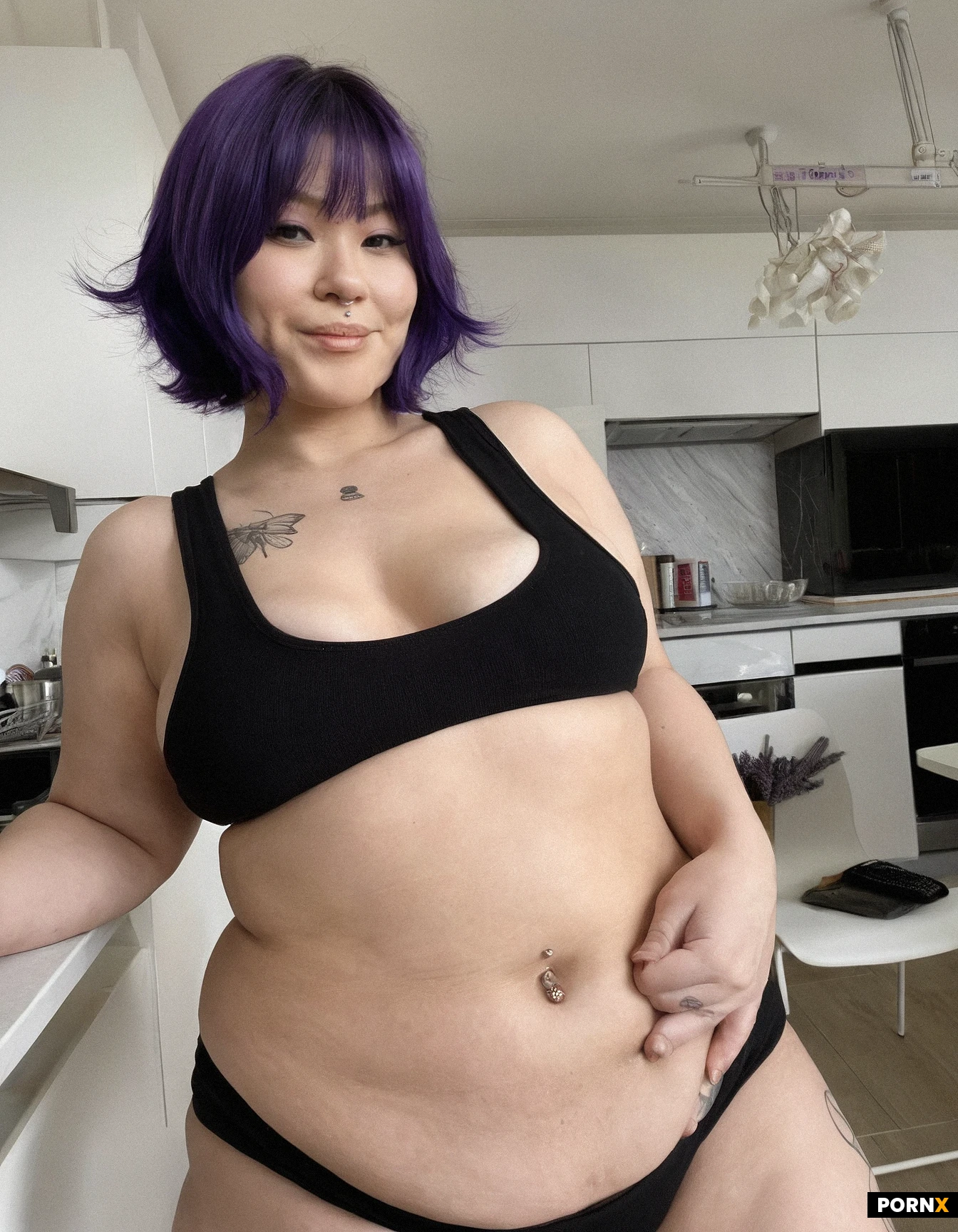 korean,asian,30s,milf,very pale,kitchen,chubby,bbw,fat stomach,no make up,black and purple hair,short hair,cute expression,small breasts,saggy tits,loose black tanktop,black cheeky underpants,cute pose,facial piercings,bellybutton piercing,tattoos,view of ass