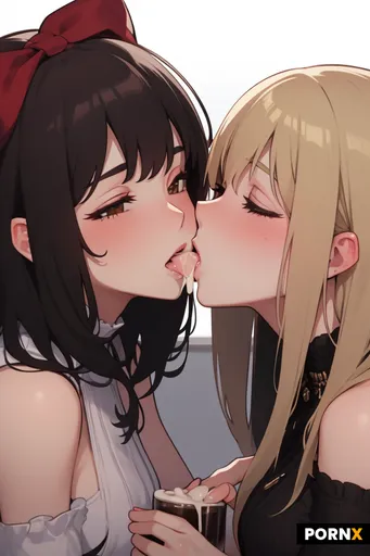 Two girls happillycum kissing with a lot of cum