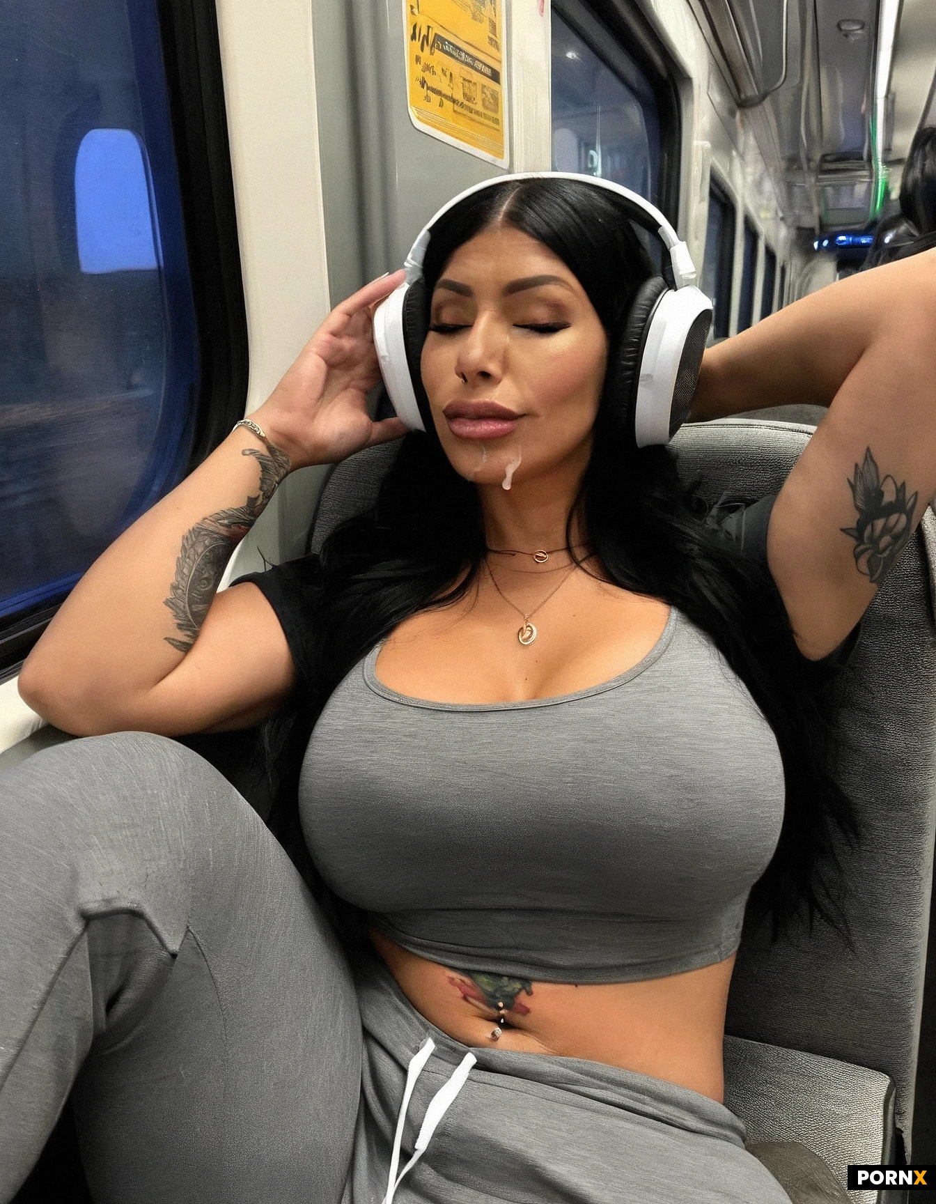 Black hair Woman with tight clothes. Wearing tight joggers. Huge giant breasts under tight Shirt top. Sitting in the train next to me. Cumshot on her clothes. Pants covered in cum. Closed eyes, wearing Headphones. Woman lying relaxed with closed eyes. Leaning Back cosy. DARK train at night. Belly Piercing. Tattoos. Woman füll of cum. Lying side ways. Giant tis V Cut.
