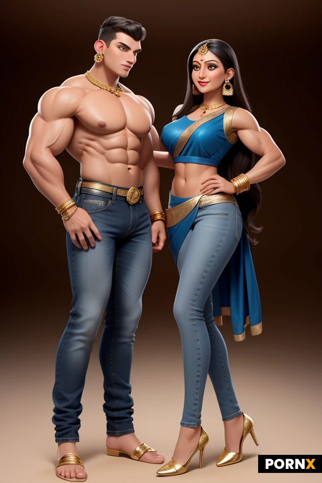 One lady, a split on centre of her face, splitting her as left and right half from middle. No earring on left ear, trimmed on left side, long hair on right side, big gold earring only on right ear, saree on right, jeans on left. Full f1 racing t-shirt on left. gold jewelleries on right.
No bangles on left hand, building bicep and tricep. Gold Bangles on right hand, Saree drapped on right from right top to right bottom, jeans on left. Masculine buldgy bodybuilder on left, feminine on right.
Image only no text from now
Only feminine and muscular women, no man.
Make the face symmetric, while keeping split. And full body view