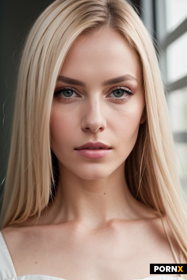 A cinematic close-up portrait of a striking woman, with an ethereal, slightly unconventional beauty. Large wide-set almond-shaped eyes, high prominent cheekbones, a delicate narrow jawline, pale porcelain skin, full lips, and long platinum-blonde hair. Straight hair. Subtle elegant makeup with defined eyes and natural lips. She is looking directly into the camera with a calm, mysterious expression. Soft diffused window light, shallow depth of field, 70mm lens, realistic skin texture, subtle imperfections, editorial fashion photography, photorealistic, cinematic color grading. Full body view.