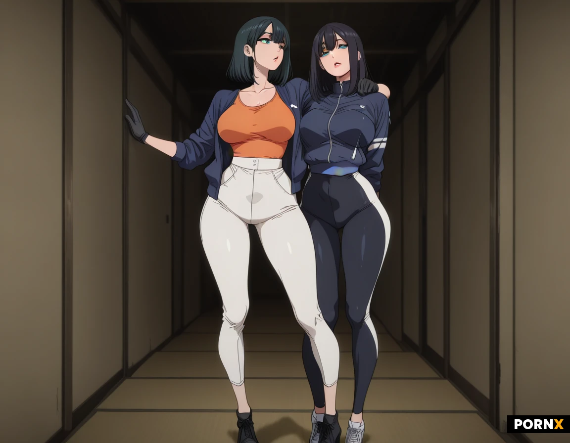 She is a slender, athletic woman with fair skin, an oval face, large blue-green eyes, and full lips. She has short, tousled black hair with strands framing her face. She is wearing a dark blue jacket, an orange top, and tight white trousers, along with black gloves and open-toed shoes; she has large breasts and a large backside, as seen in a full-body view.