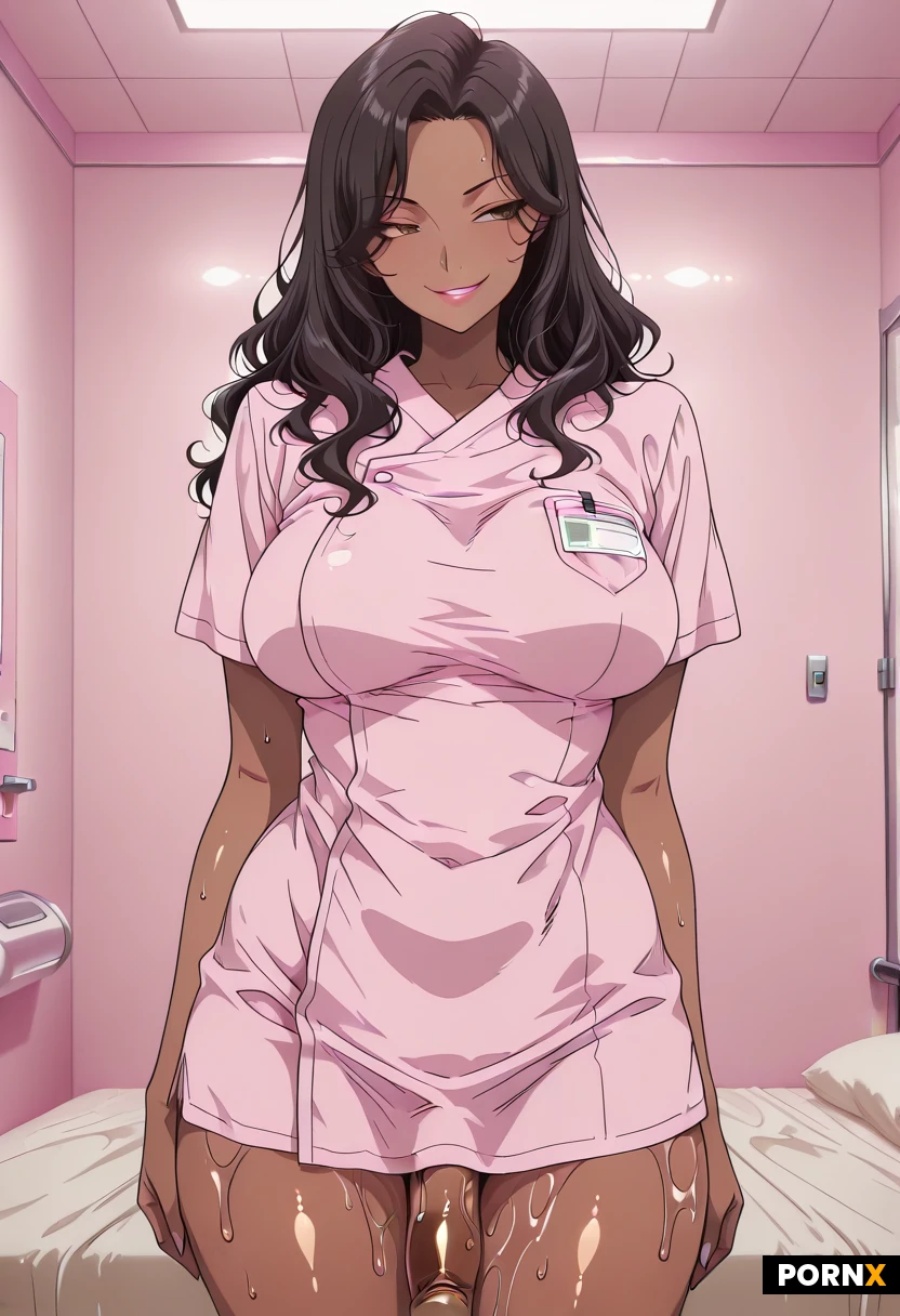 masterpiece, best quality, solo, Ebony skin tone, Ebony African futanari, cock slightly visible, (medical scrubs), brown eyes, glossy brown plump lips, large well rounded breasts, oiled skin, in a massage therapy room, detailed, long wavy hair, standing next to massage bed, wicked smirk on her face,