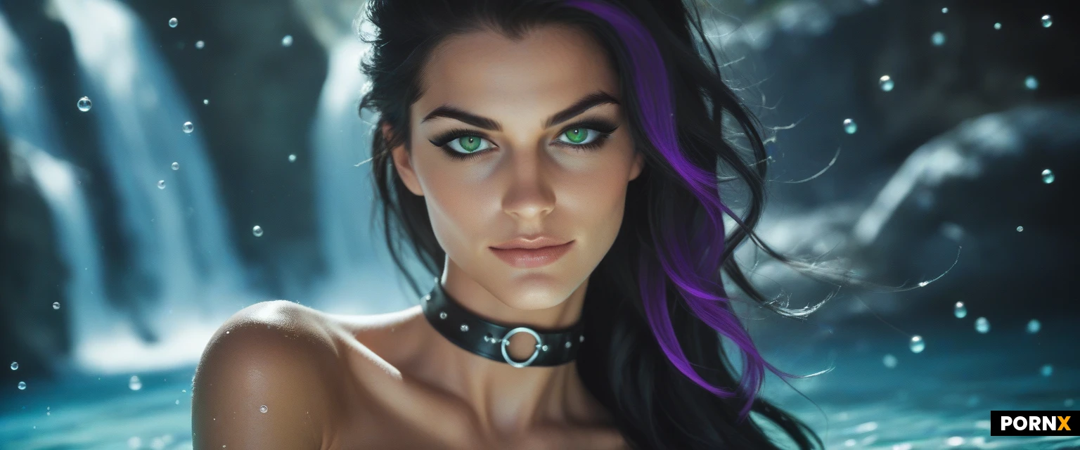 masterpiece, best quality, highres, absurdres, 1 very seductive supermodel woman, slender pointed nose, wide jaw, solo, looking_at_viewer_very_intimately, dynamic angle, close-up face, sexy body in the background, long hair, black hair, purple highlights, sidecut, ponytail, brilliant luminous green eyes, heavy black eyeshadow, heavy black mascara, heavy black eyeliner, dark tan skin, sly half smirk, bedroom eyes, seductive and horny, choker, topless, toned body, deep cleavage, round perky breasts, spherical breasts, medium-large breasts, water droplets on her skin, touching her nipples, erect nipples, high contrast, vibrant colors