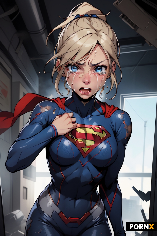 Supergirl with a scared expression and tears and mascara running down her face