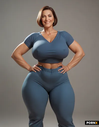 Voluptuous milf with massive boobs and massive butt with a bob cut and wearing sweatpants