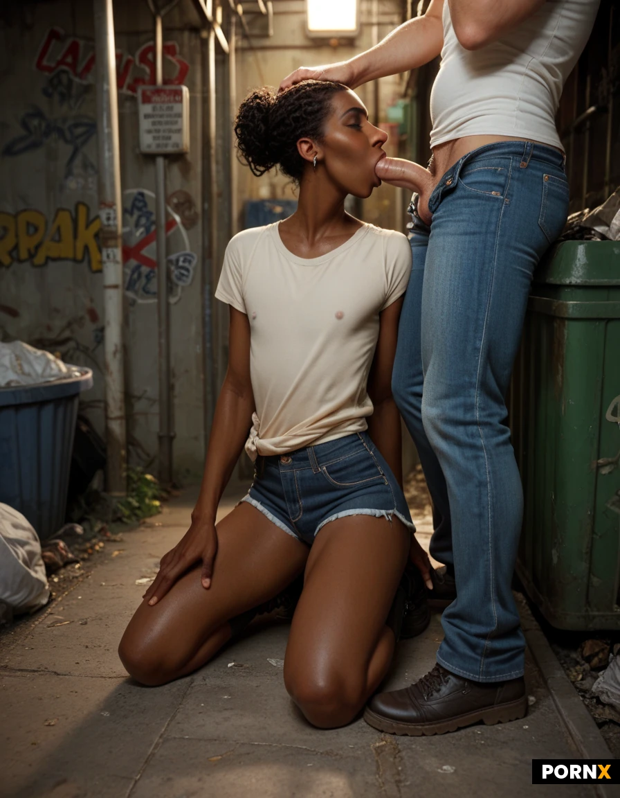 Abandoned railway, night, graffiti, trash, dumpster, swampy, (dark skinned femboy, thick, tunic, jeans shorts, normal penis), (blond man, thick, shirt, shorts, on his knees), blowjob.