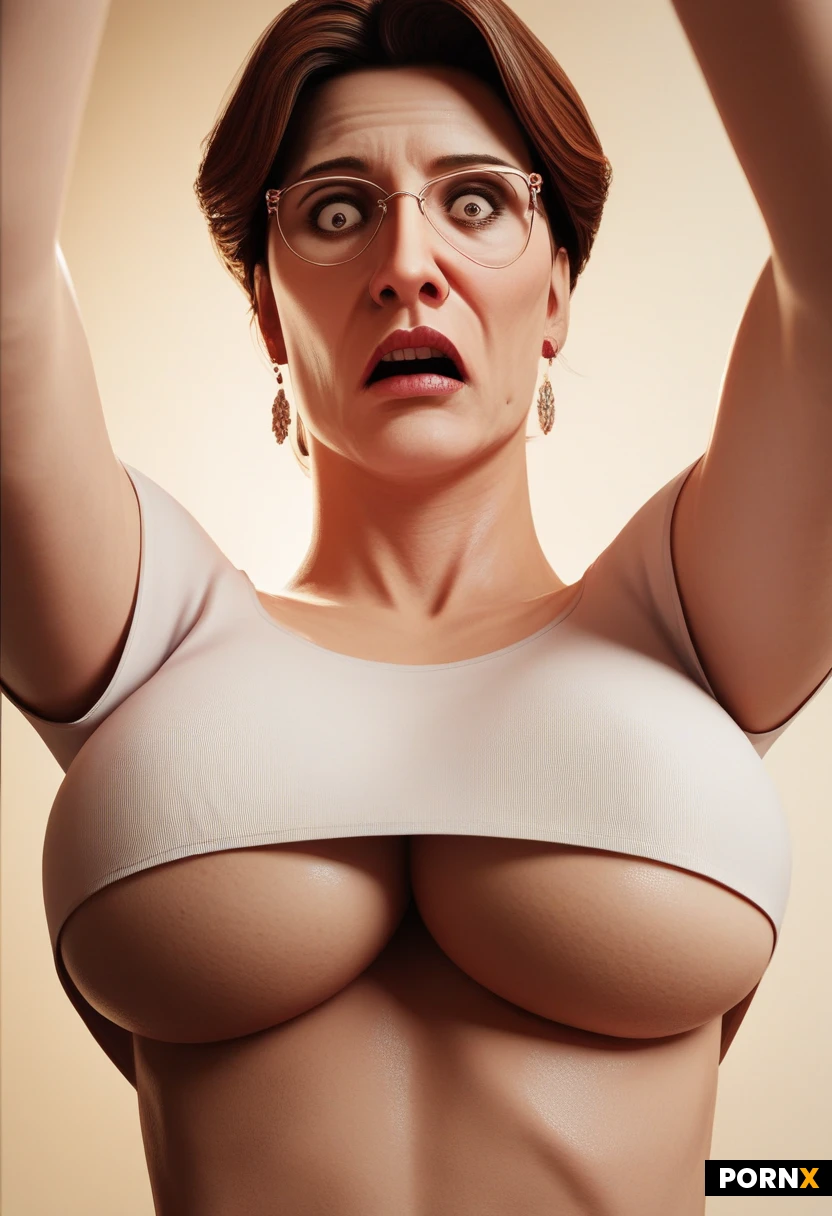 masterpiece, best quality, highres, absurdres, western_comic_illustration, turkish_mom, close_up_portrait, looking_at_viewer, shocked_expression, huge_breasts_squeezed_together, pink_underboob_crop_top, dim_lighting