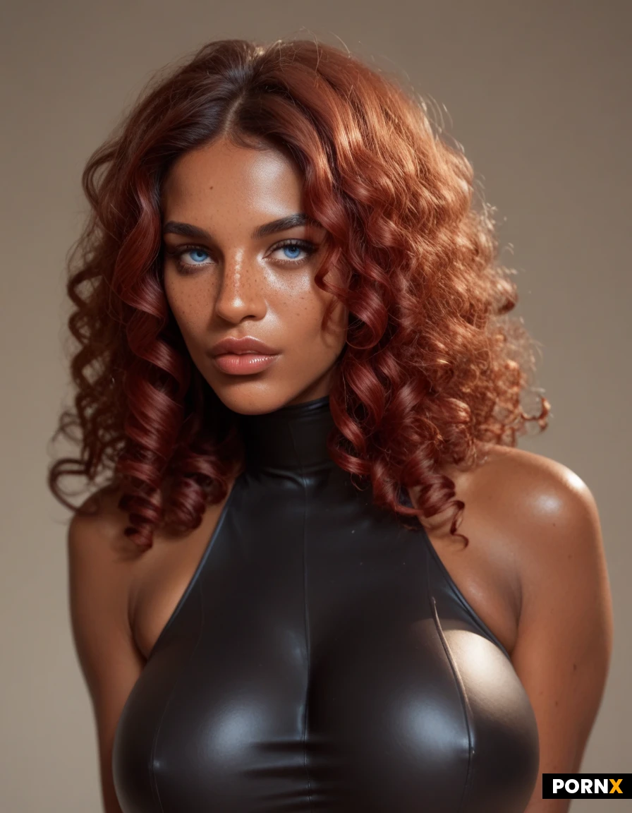 Long bright shiny curly red hair, mixed race, ebony and Caucasian, dark complexion. Large Freckles on face and nose. Large shiny lips. Mid twenties. Large breasts tight waste. Blue eyes.