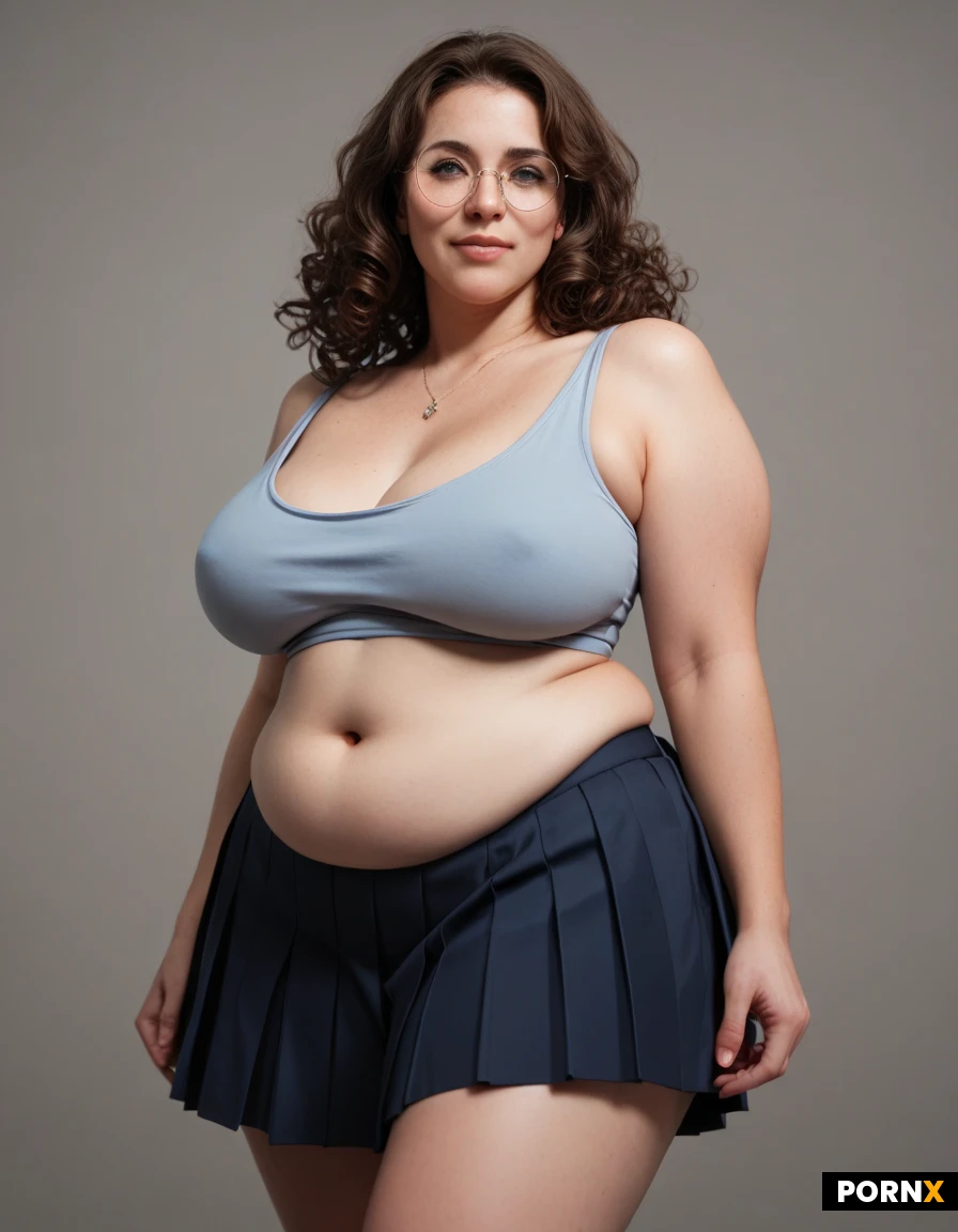 age: 27.
Hair: curly, brunette. messy
body: very thin but carries weight in her natural sagging breasts and soft chubby thighs.
clothes: braless. wearing a tank top and pleated skirt. round glasses.