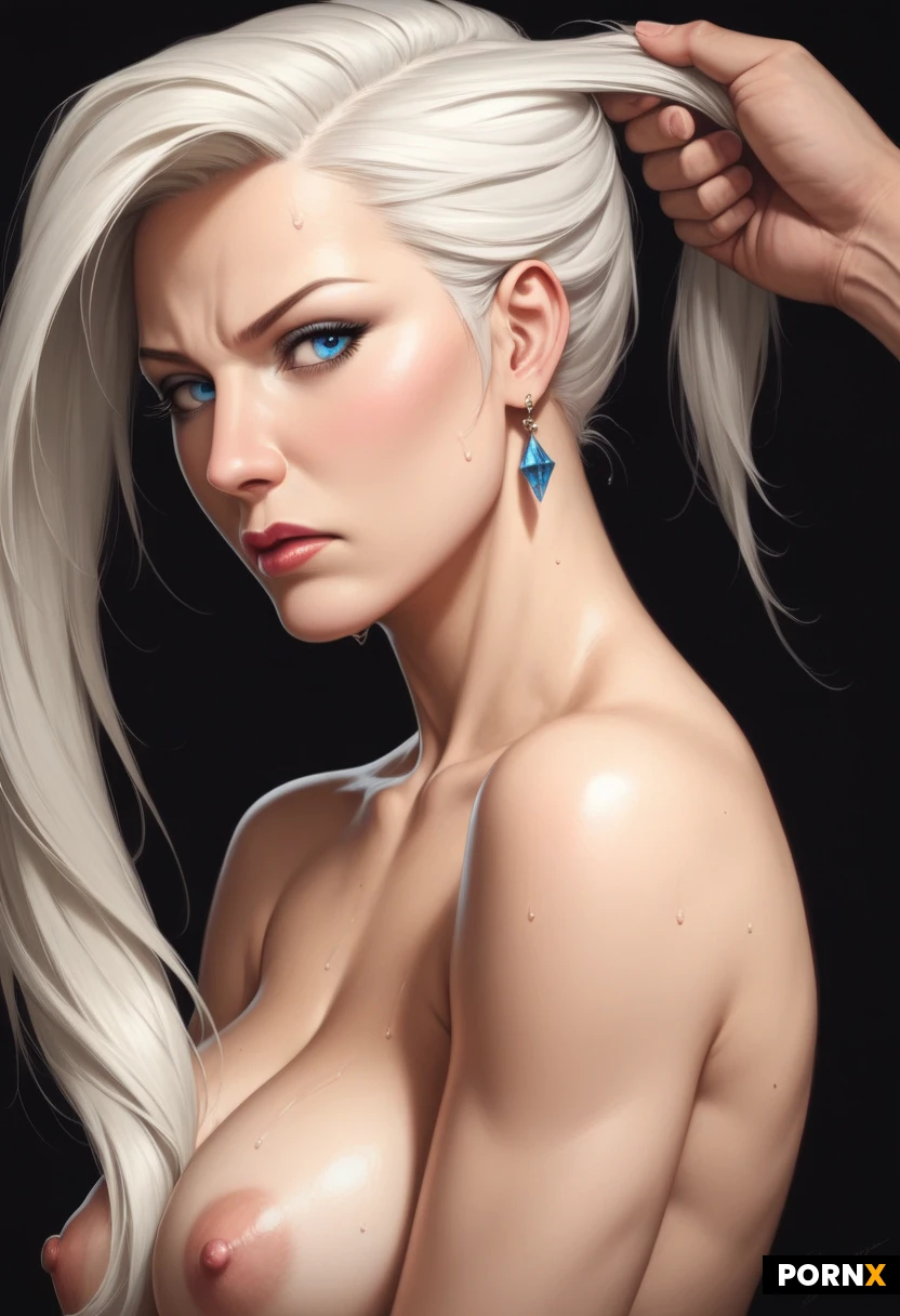 side profile:1.5 portrait, mouth focus, detailed mouth.(A woman) long white hair pulled back in a ponytail. big busty round tits, hourglass figure (big wide blue eyes:1.4) bustyashe(Ultra-realistic) high res, detailed skin texture. sexyleague. realistic Sweat,, cinematic, (black background:1.5 rough cave ground). Frostarcher. haughty expression, proud expression, regal. wide open mouth. dynamic. kneeling (black background cave ground) (covering big tits with her hands) (veiny penis) (massive cumshot:1.5) (disgust:1.3) grimace, one eye closed with cum (she hates the taste but loves cum on her face)