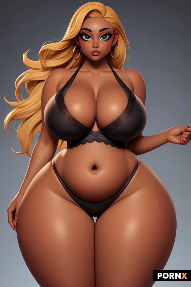 woman, very dark skin, (blonde hair:1.05), lots of makeup, thick black eyeliner, (thick lips:1.05), earrings, (thick thighs:1.2), (curvy:1.5), (thick:1.25), (voluptuous:1.25), (colossal tits:1.35), tight, firm, perky, (wide hips:1.5), (narrow waist:1.35), (amber eyes:1.05), bright eyes, lipstick, lace, sexy pose