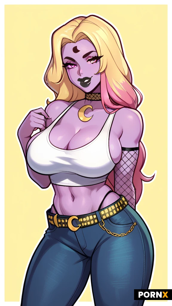 one woman, purple skin, standing long hair, straight hair, curtain hairstyle, blonde hair with pink highlights at the tips, green sclera, big eyes, pink eyes, big lips, black lipstick, seductive smile, big breasts, side boob, cleavage, midriff, fit, skinny, crescent moon tattoo on forehead, fishnet choker, white tank top, fishnet sleeve with gold bands, high waisted black g-string, low_waisted black jeans with a belt loop, simple background