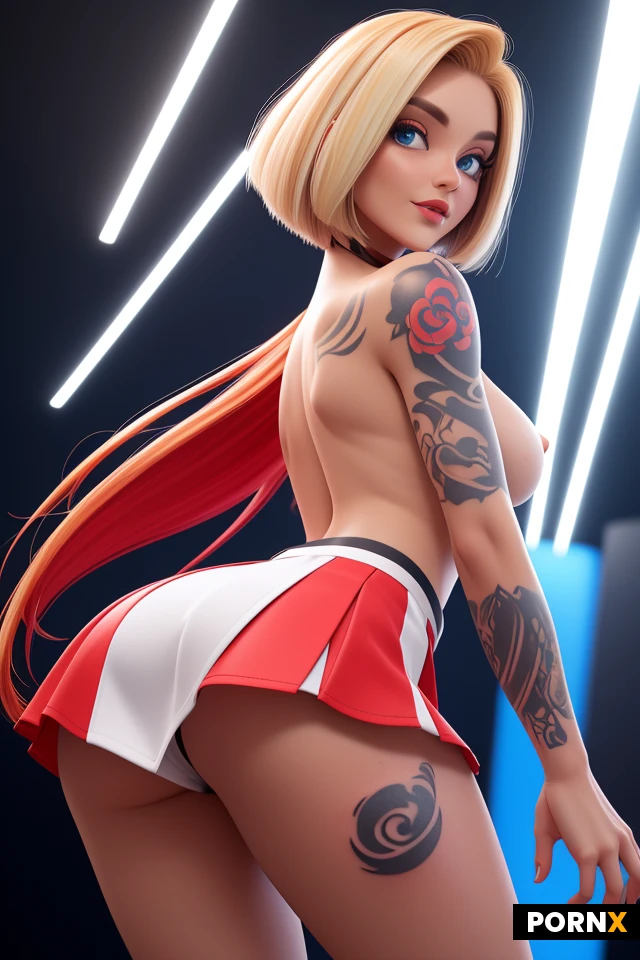 Skinny tattooed woman, huge colored tattoos, flat tummy, small boobs, bleach blonde hair color, red streak in hair, blue streak in hair, bobcut hair, super mini skirt, topless, in night club, clear blue eyes color, upskirt, posing, showing ass