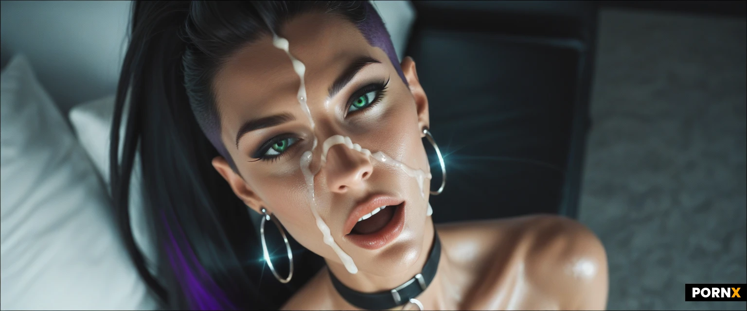 focus on face, view from above,man's small penis just ejaculated huge cum onto her face,(cum on face),cum dripping on her face, beautiful German-Argentinian woman,skinny,sexually attractive,nude,very long black hair,(very long purple highlights),long thick ponytail,undercut, (Ultra detailed face),thin nose,long sharp pointed nose: 1.5,firm wide jaw,(seductive sparkling green eyes: 1.4),black eyeshadow makeup,dark eyeliner,dark tanned skin: 1.1, ,toned body,green Earrings,sweaty skin,dark bedroom,(seductive eyes),choker,she is holding his cock, wide open mouth