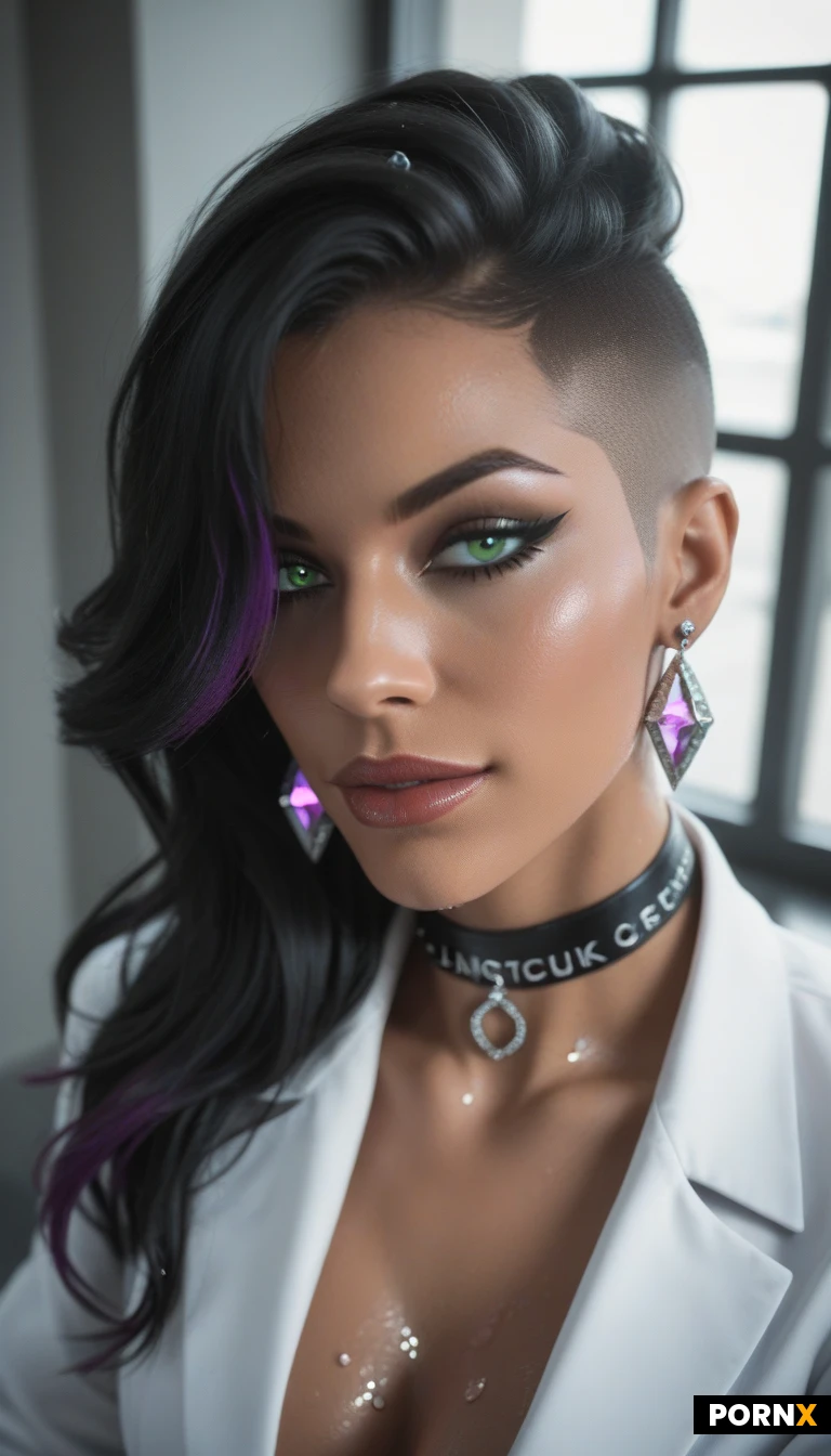 masterpiece, best quality, highres, absurdres, 1girl, solo, (long black hair: 1.5), long black hair, undercut, long purple highlights: 1.5, hair over one eye, luminous pretty green eyes: 1.5, smoky eye makeup, eyeshadow, mascara, eyeliner, dark_tan_skin, luxurious_choker, emerald_earrings, wet_hair, water_droplets, seductive, half_smirk, horny, prostitute, bimbo, professional, pov, blowjob, from above, close_up, high contrast, full color, dehazed