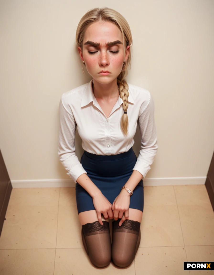 (secretary), eyes closed, (annoyed:1.3), braid, blonde,
kneeling, (view from above:1.5), stockings, (slender:1.6), freckles, pencil skirt, white blouse, thick eyebrows, against wall