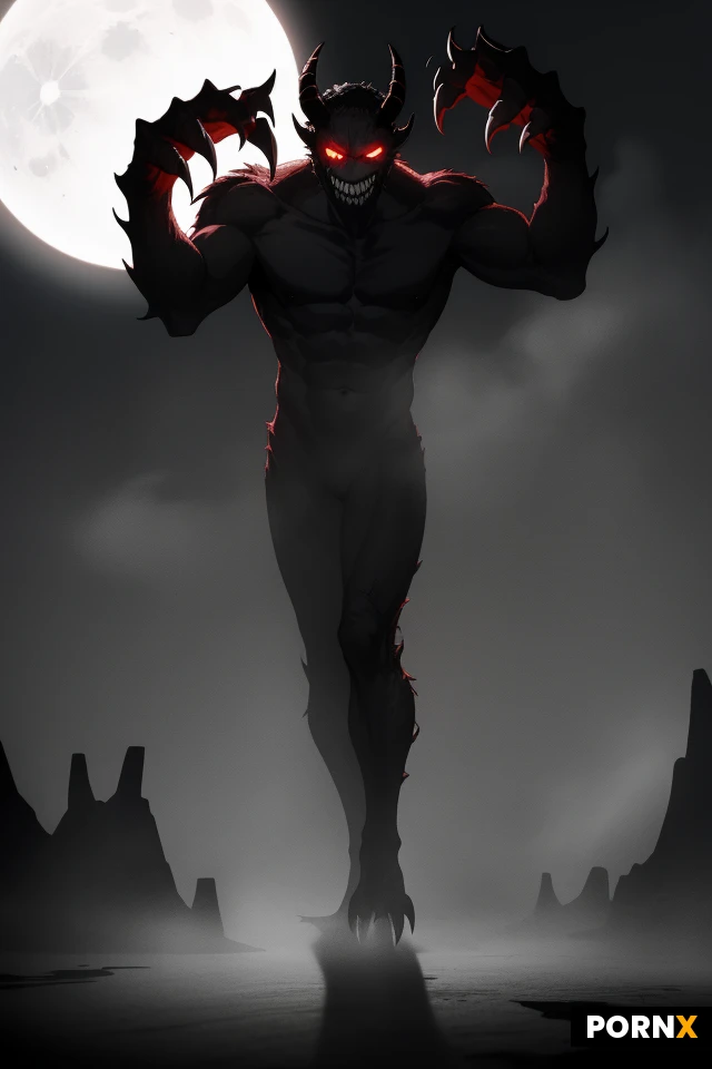 masterpiece, best quality, highres, absurdres, 1boy, monster, demon, horns, red_eyes, no_hair, full_body, standing, creepy, dark_background, night, fog, moon, glowing, claws, sharp_teeth, sinister_smile, shadows, eerie