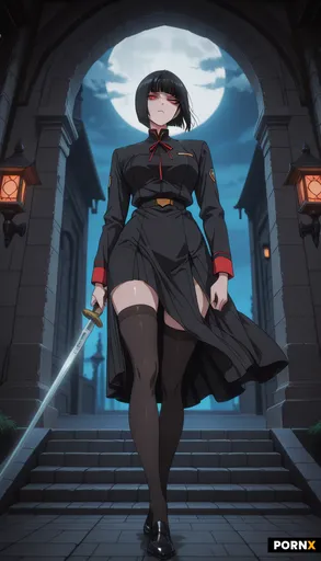 A full-body portrait of an adult woman in her mid-twenties with sleek straight black hair cut in blu