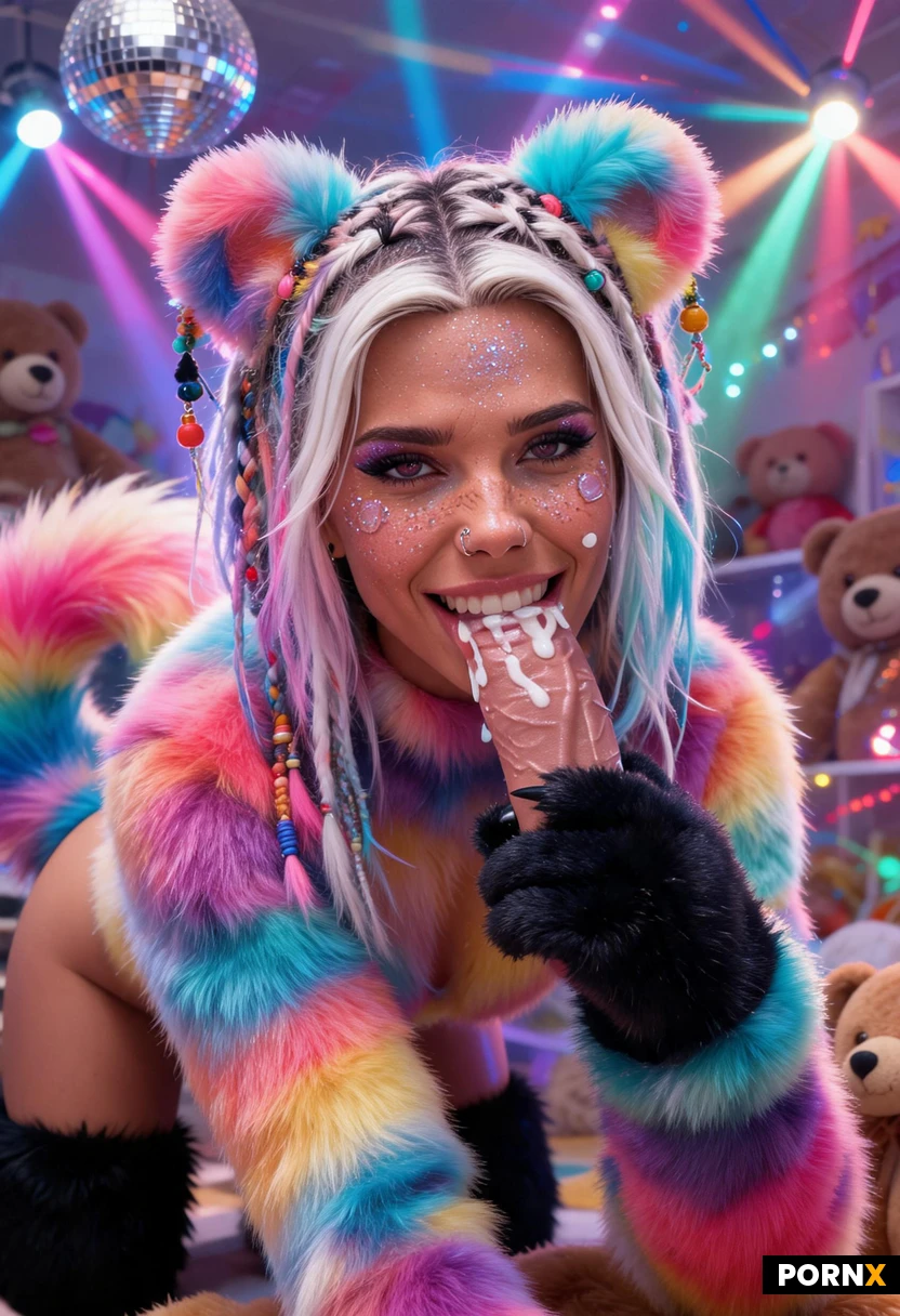Rave scene with party lights and lasers, sparkling lights, make the fur on her legs colorful, make her body mostly covered in colorful bright fur, glitter on face, make her bear ears bright colorful and big, bright colorful hair, braided hair mixed with straight hair, dreadlocks, face piercings, beads in hair, feather hair extensions, rhinestones on face, bear paws, fun jewelry, big eyes, make tail bright and colorful, play room with toys, giving blowjobs, big smile