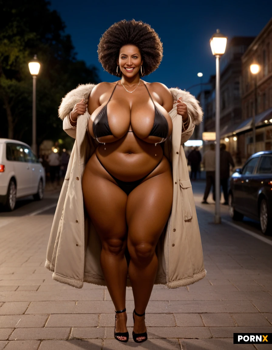 beautiful curvy black woman, big afro, dark skin, huge breasts, thick body, bus stop at night, street lights, empty street, public, A tall,towering, chubby, hefty, curvy, gyrau tanned thicc futanari milf giantess with massive lactating breasts though her clothes and a plump fat ass, a chubby belly, black short hair, wearing a bikini and thong, under an oversized full length coat that drags on the floor, smiling and horny, seductively spreading her legs, her flaccid tiny, micro penis and balls bulging underneath her clothes, standing up, facing forwards towards the camera.
