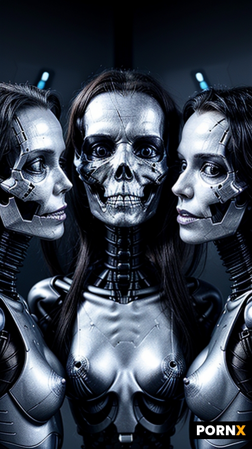 Three Terminators kiss each other boobs