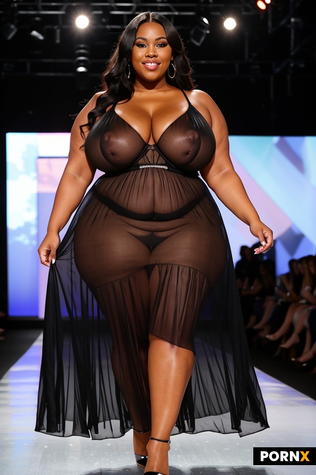 black bbw milf pornstar wearing translucent dress posing on fashion runway