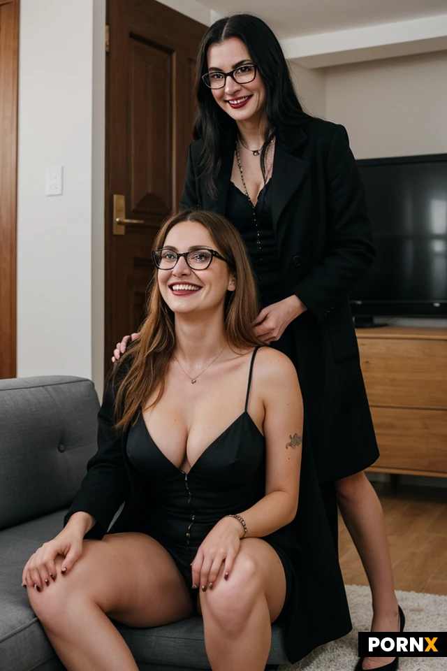 3 persons, Middleaged man fucking 20 year old Goth woman on a couch in a living room. He fucks her doggysryle. A middleaged woman walks in the door and is horrorfied what she sees. The Goth woman sees the middleaged woman and smiles triumphantly. The goth woman is extremely beautiful. The middleaged woman is wearing glasses, blonde hair, long coat