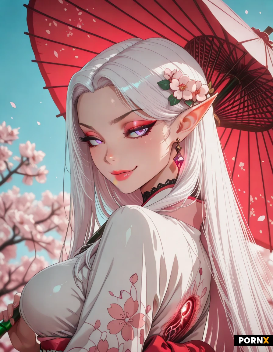 one Woman, 20 Years old, Japanese, Elf, Busty, Big breasts, Large ass, Rounded ass, Seductive smirk, Makeup, Busty lips, Big eyes, Small nose, Narrow jaw, Cute face, Horny face, Slicked hair, Straight hair, Long hair, Purple eye color, , white hair, masterpiece, best quality, ultra-detailed, illustration, anime style, clean lines, intricate coloring, half-body portrait, 3/4 view from behind, cluster of pink cherry blossoms in hair, small flower-shaped diamond earring, looking back over shoulder, dressed in a white silk kimono, subtle pattern of pink cherry blossoms and blue leaves, large and iridescent fuchsia-pink obi bow on the back, holding a traditional Japanese paper parasol, wagasa with both hands, wagasa pattern of red and white stripes with interwoven cherry blossoms, internal bamboo and string mechanism visible, background of dense blooming cherry blossom orchard, clear bright blue sky, soft sun light filtering through blossoms, luminous and glowing atmosphere, detailed textures of silk and paper, focused on character, soft bokeh background, composition clean and balanced, depth of field.