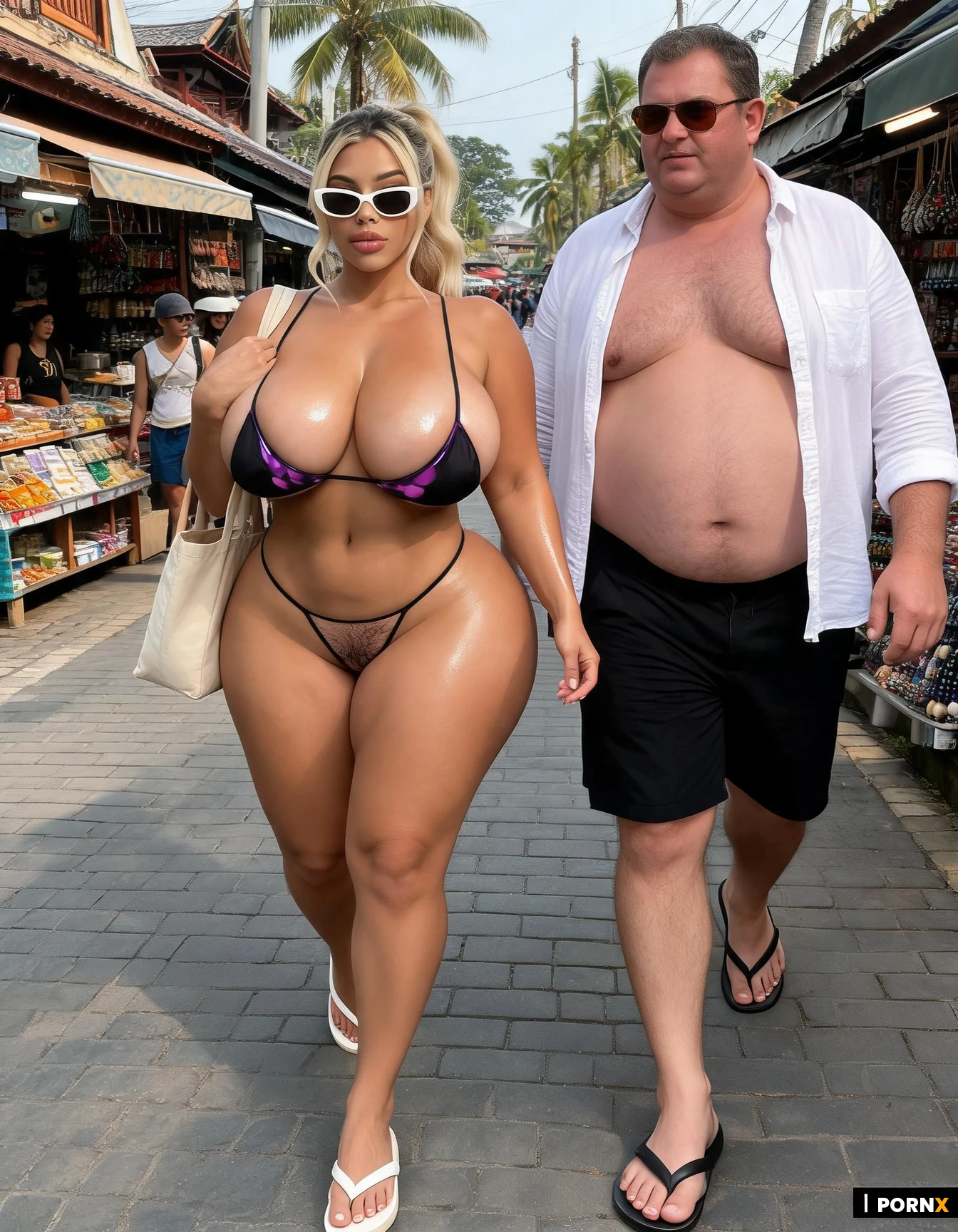 Oiled body. Absurdly large boobs. Pubic hair. Black and purple nano-bikini. Bikini is ridiculously small and is extremely stretched. Bikini extremely low cut. Extremely low-cut g-string. Crowded Balinese street. White sunglasses. White flip-flops. Tote bag. Walking down street with tall fat middle aged man in black board shorts black flip flops, unbuttoned white linen shirt and brown sunglasses