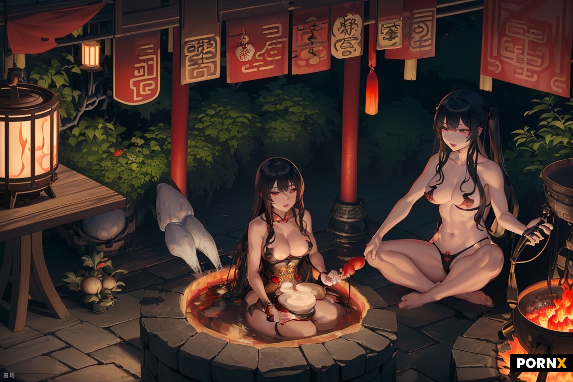 Naked Japanese woman sitting with legs up in a steaming cauldron while a Chinese woman in lingerie s