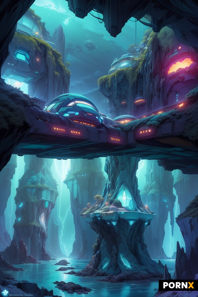 An intricate futuristic space station interior with large bay windows in a rocky coastal cavern