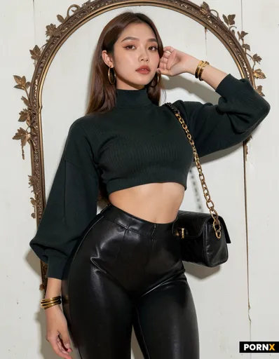 A high-fashion editorial photograph features an Asian woman with long