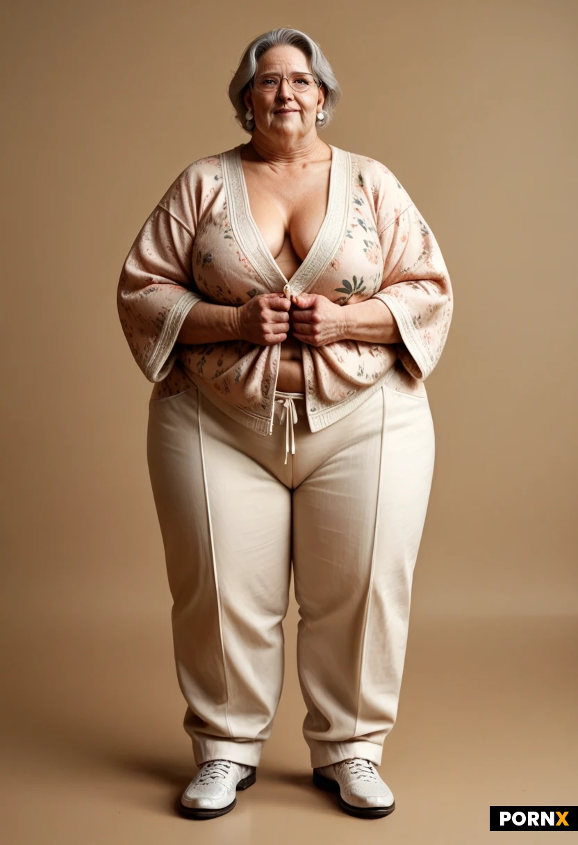 (((gilf))),german,very short, obese, very broad torso, large rounded belly, wide hips, heavy upper arms, thick thighs, broad calves, deeply stooped posture, broad round face, heavy cheeks, pronounced jowls, multiple folds beneath the chin, small deep-set gray eyes, heavily hooded eyelids, prominent under-eye bags, sparse uneven white eyebrows, broad bulbous nose, thin lips, downturned mouth corners, deep forehead furrows, pronounced lines between the eyebrows, deep folds beside the nose and mouth, dense crow’s feet, pale skin, uneven skin tone, large brown age spots, visible pores, broken capillaries across the cheeks, deeply creased neck, wrinkled hands with prominent veins and swollen knuckles, thin white curls, thick glasses, oversized floral blouse, heavy knitted cardigan, loose trousers, orthopedic shoes, both hands gripping a reinforced rollator, nursing home common room, upholstered armchairs, indoor plants,realism,fantasy,straight