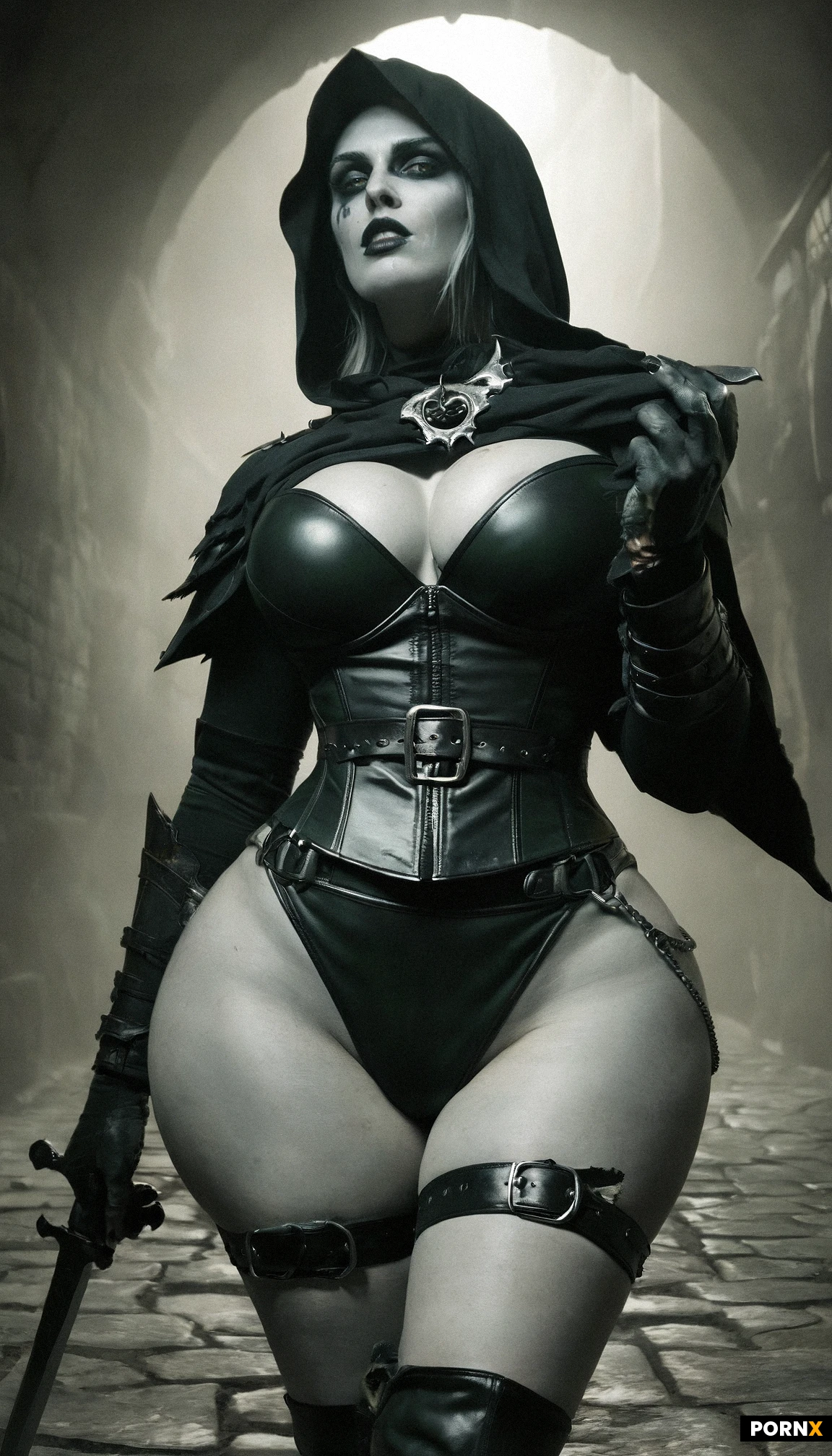 A sultry undead female rogue, slender yet curvaceous with a bust that strains against her tight black leather corset, her pale gray-blue-green decay-tinted skin glistening under moonlight, golden eyes burning fiercely from behind a tattered bandana that hides most of her face while a ragged strand of dark hair escapes over her shoulder. She stands in a twisted, moon-lit cobblestone alley, one hand gripping a dagger poised for a lethal strike, the other resting rovocatively on her hip as she arches her back to accentuate her exaggerated hips and thrust her ample breasts forward. Her outfit is a form-fitting black leather bodysuit adorned with buckles and straps, a flowing sable cape with a sweeping hood that flutters in the night breeze, exposing a scarred shoulder blade and the unsettling gleam of undead flesh. Shot from a low angle with a shallow depth of field, soft rim lighting from the full moon outlines her silhouette, casting deep shadows that highlight the rippling muscles and eerie glow, rendered in hyper-realistic digital painting style with cinematic grain and vivid contrast.
