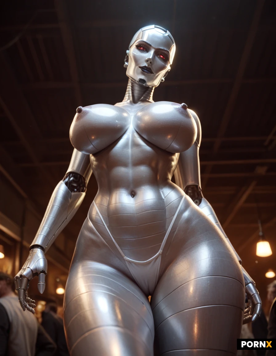 perfect body, round hips, curvy waist, large breasts, standing, stylized horror movie lighting, detailed face, POV from below, in public, looking at viewer, robotic woman, sex robot, robot monster, nanobot skin, metallic skin