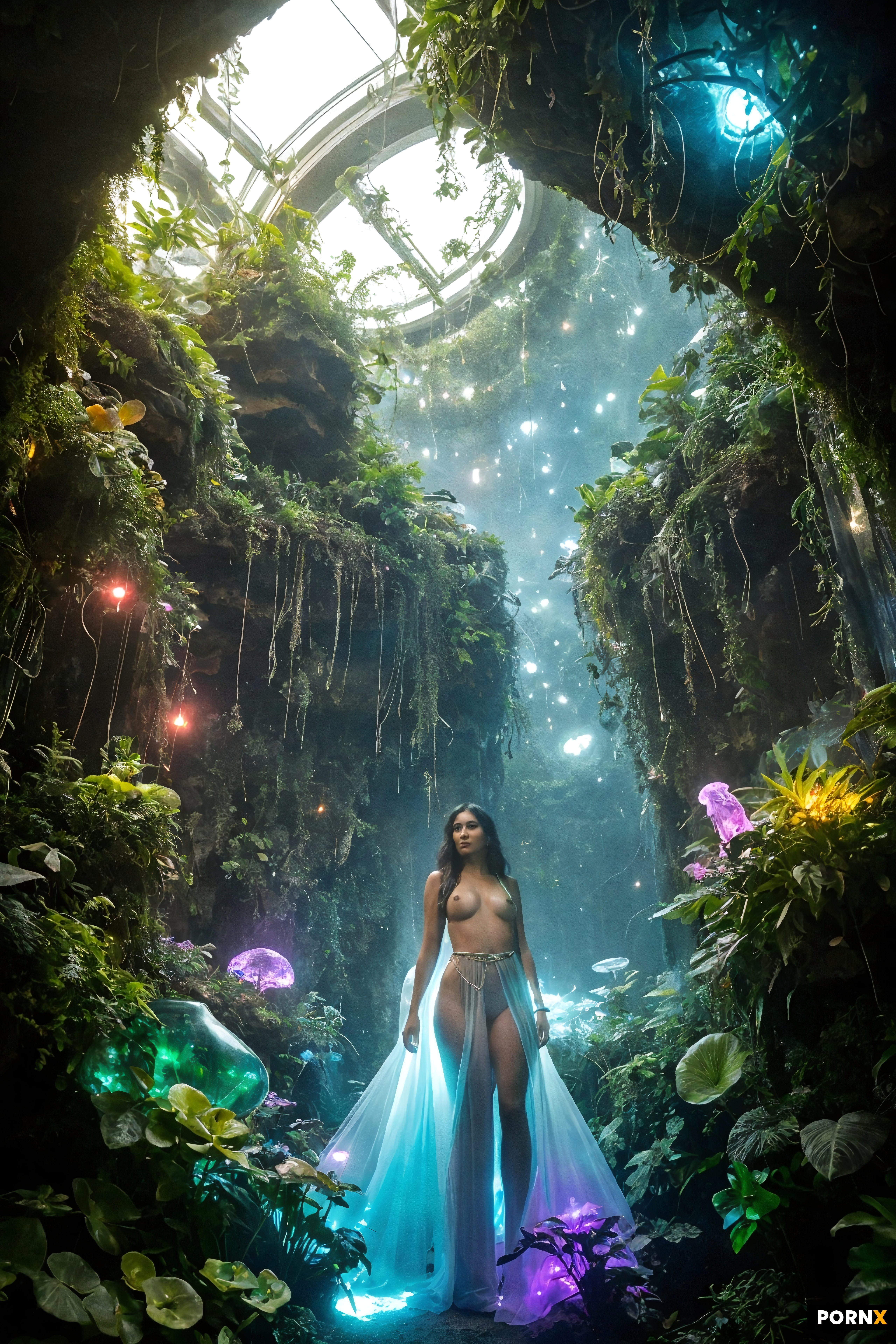 scene_description: A gorgeous woman emerges from a round glass structure that appears to be a large 
