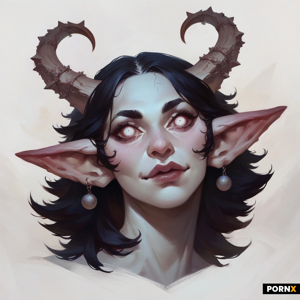 art painterly + goblin-girl + albino white skin + big cute eyes + black hair + horns + white backgro
