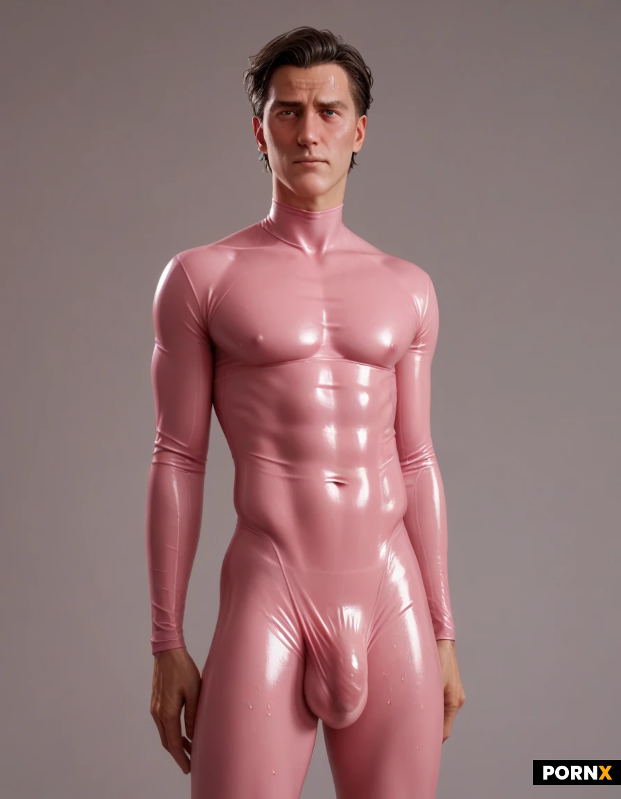 skinny, effeminate, short, ((man)), ((man wearing skintight wet look dark pink bodysuit)), man wearing bodysuit, single subject image, penis bulge, wet spot at end of bulge, massive bulge, penis bulge wet spot, straight man, embarrassed, blushing, one man, long sleeve bodysuit