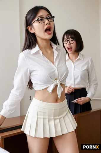 A Japanese girl with glasses wearing a cropped tiedup open button white shirt and a pleated white mi