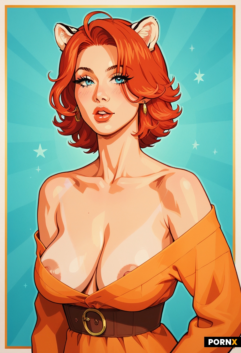 The image shows a gorgeous woman with vibrant orange-red hair styled in soft waves